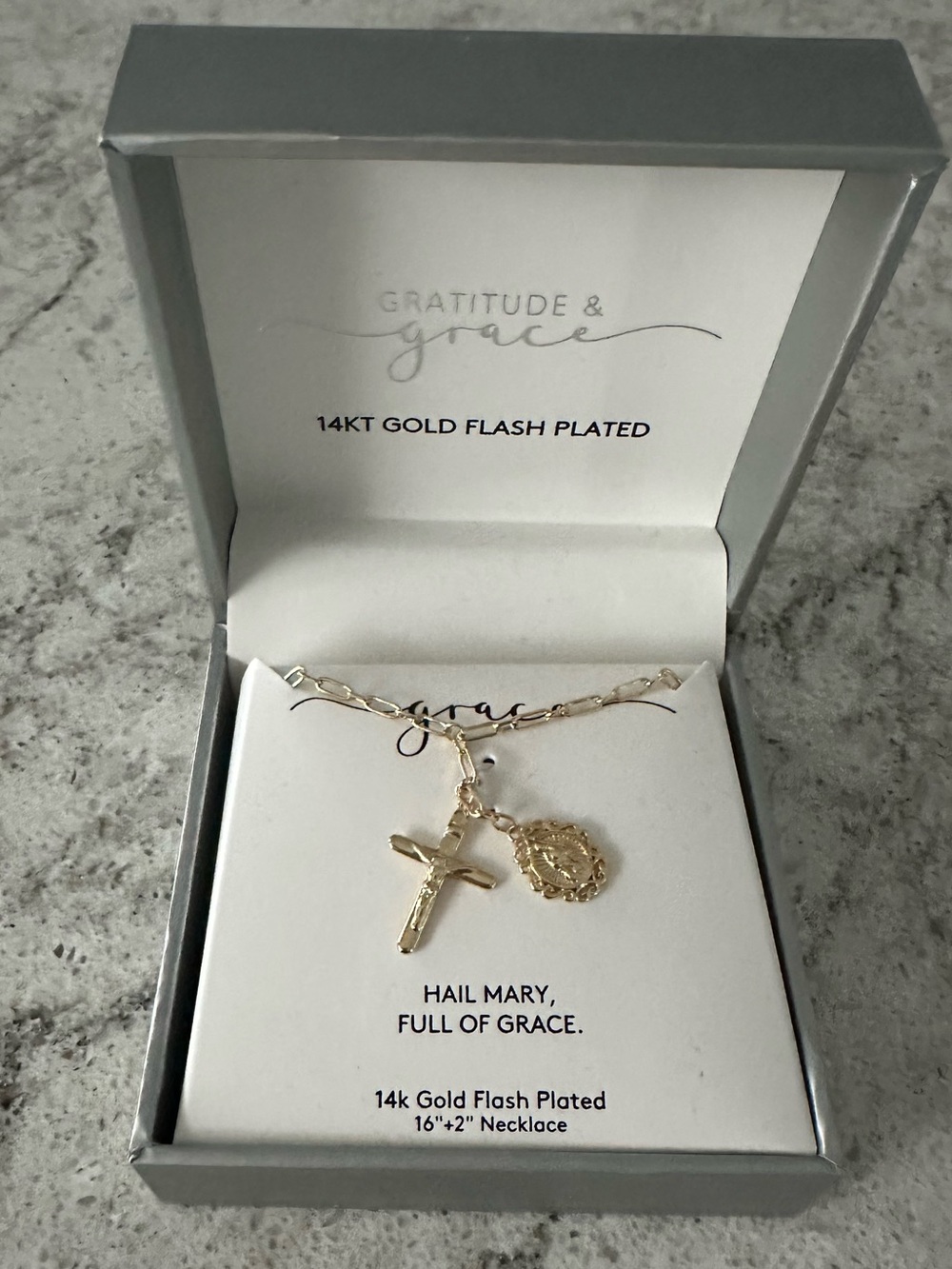Gratitude & Grace 14k Gold Plated Virgin Mary Charm & Cross Pendant Necklace NEW - Picture 5 of 8